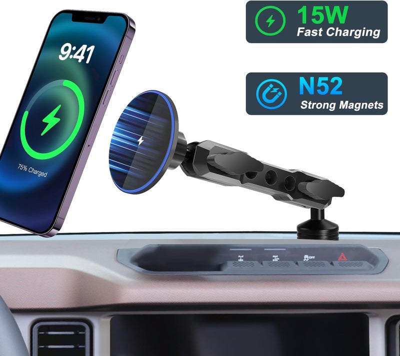ZKJAYOE Phone Mount Holder for Ford Bronco 2021 2022 2023 2024 2025 2/4 Door,Magnetic Wireless Charging,Magsafe Charger for Ford Bronco, for Ford Bronco Accessories with C-C cable(Not for Bronco Sport) - Image 2